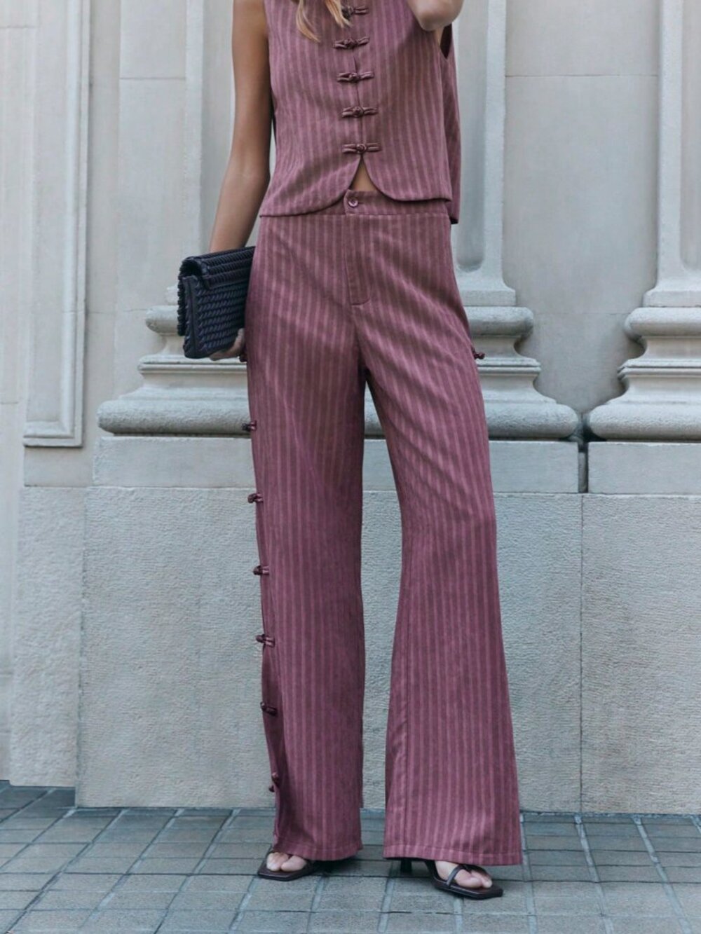 Burgundy Casual Women's Stand Collar Blouse And Long Plain Pants Set - Picture 8 of 13